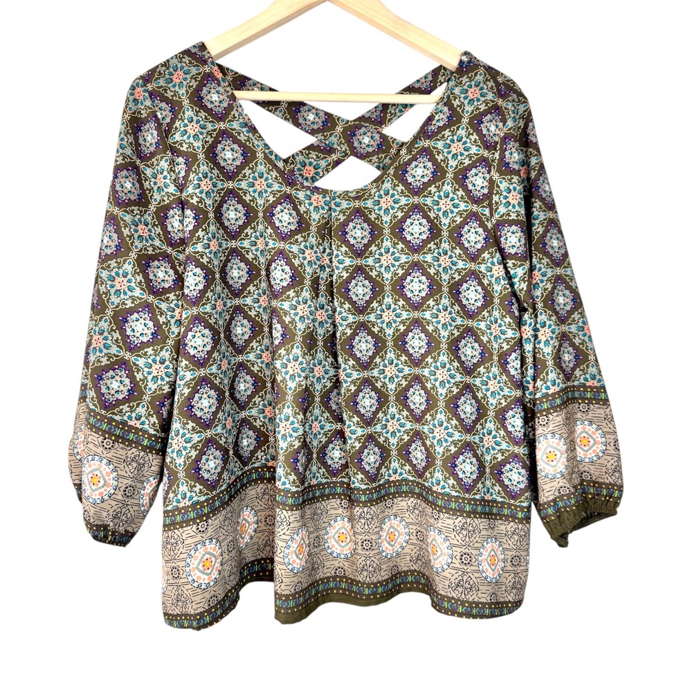 Papermoon Blouse Olive Green Purple Geometric Criss Cross Back‎ Large Petite LP